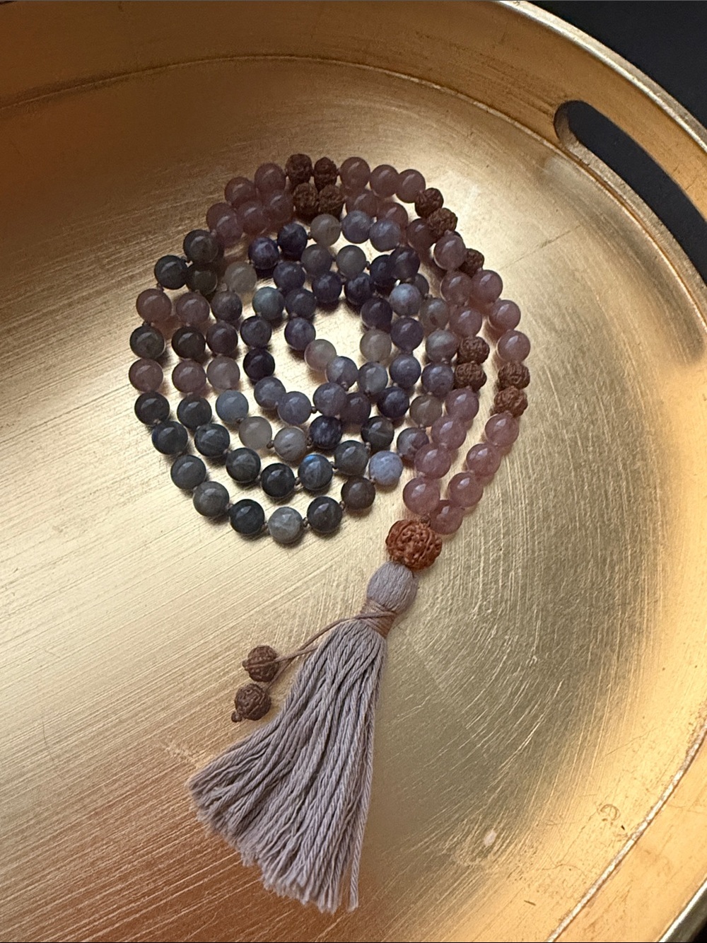 Beaded Mala Necklace with Tassel - real Labrodorite, Rose Quartz & Rudraksha